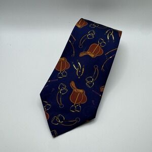 Paul Stuart Blue Equestrian Saddle Print Neck Tie Men's Classy Upscale‎